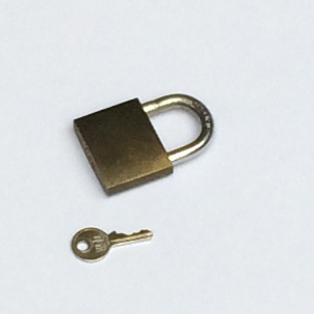 1-1/8" wide Gold brass metal padlock with key for storage or travel
